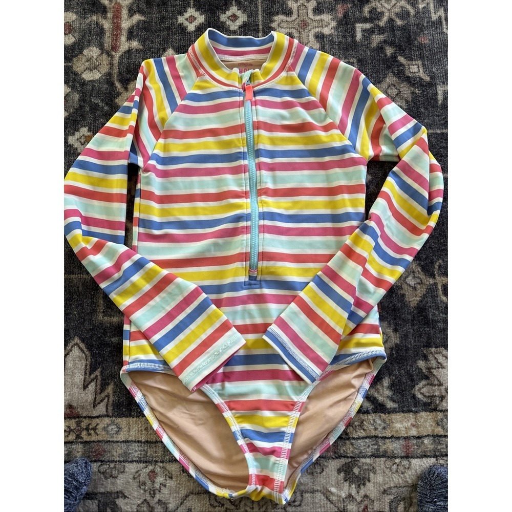 Crewcuts Girls Rainbow Rash Guard UPF 50+ Striped Long Sleeve Swimsuit Size 10
